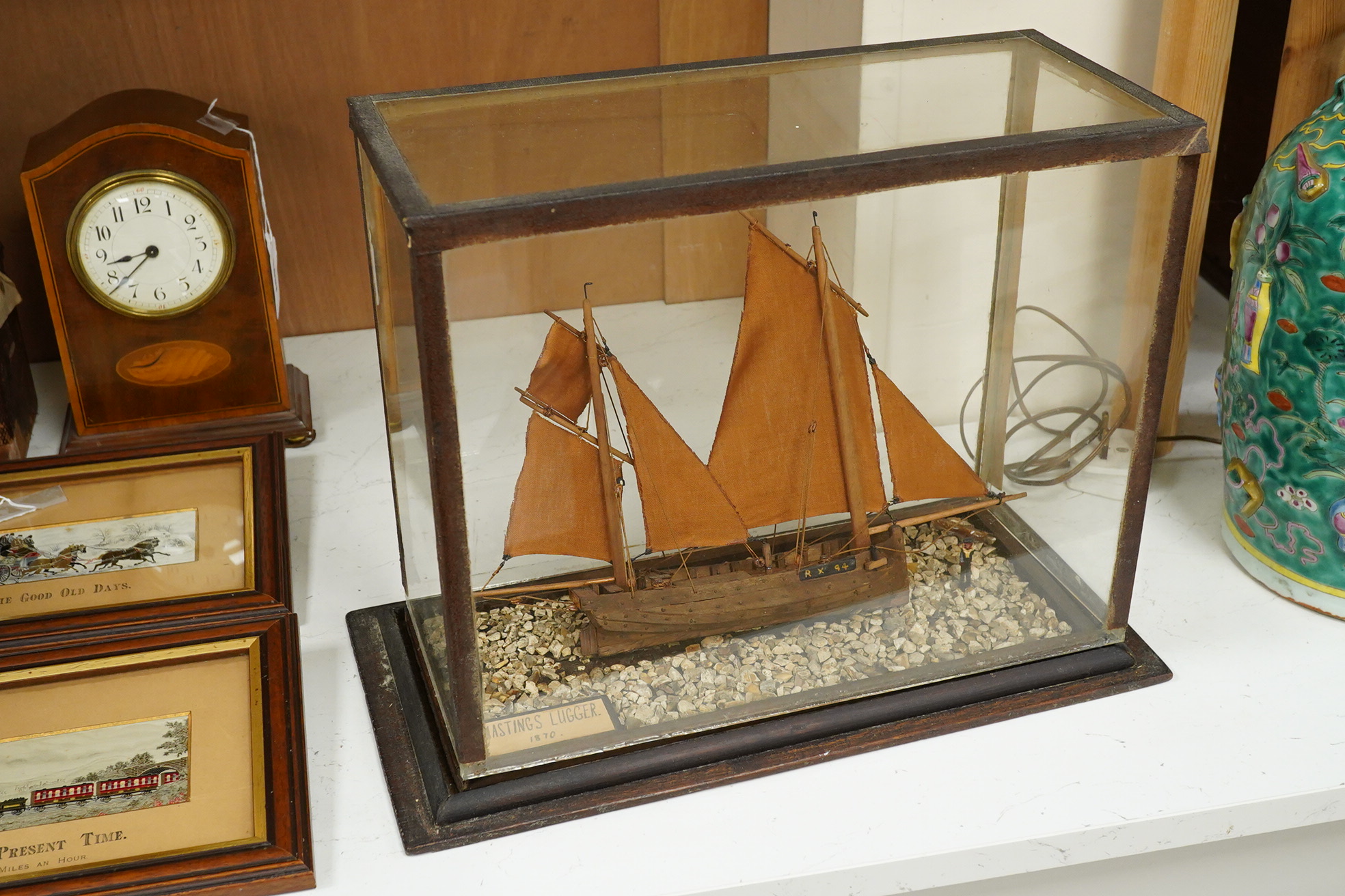 A cased scratch built model of a Hastings lugger of 1870, 40cm wide